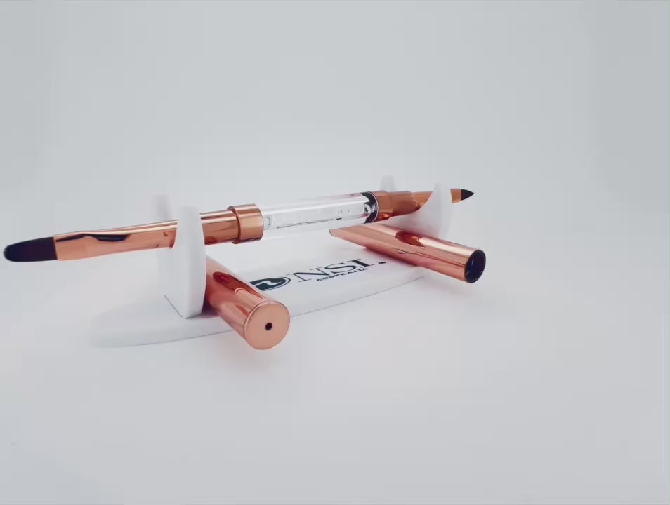 NSI Australia double-ended nail brush 04 — rose-gold with crystal handle, flat square gel brush + oval gel brush, includes protective caps