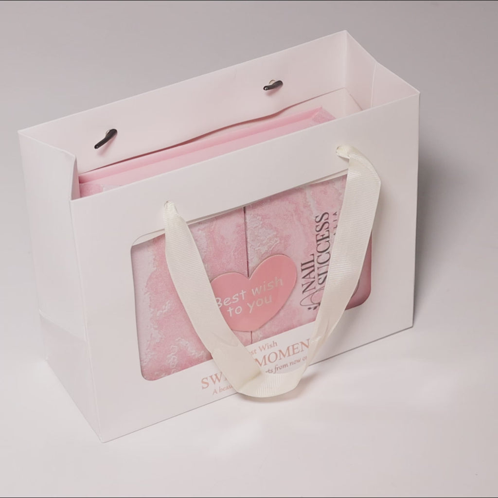 Valentine nail gift box in white display bag with “Best wish to you” heart label