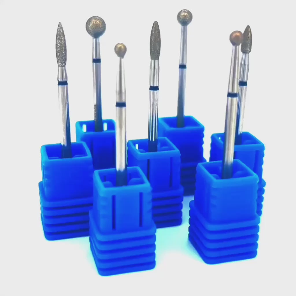 Diamond burr drill bits set for nail use – 7-piece rotary tool kit with ball, tapered, and pointed tips