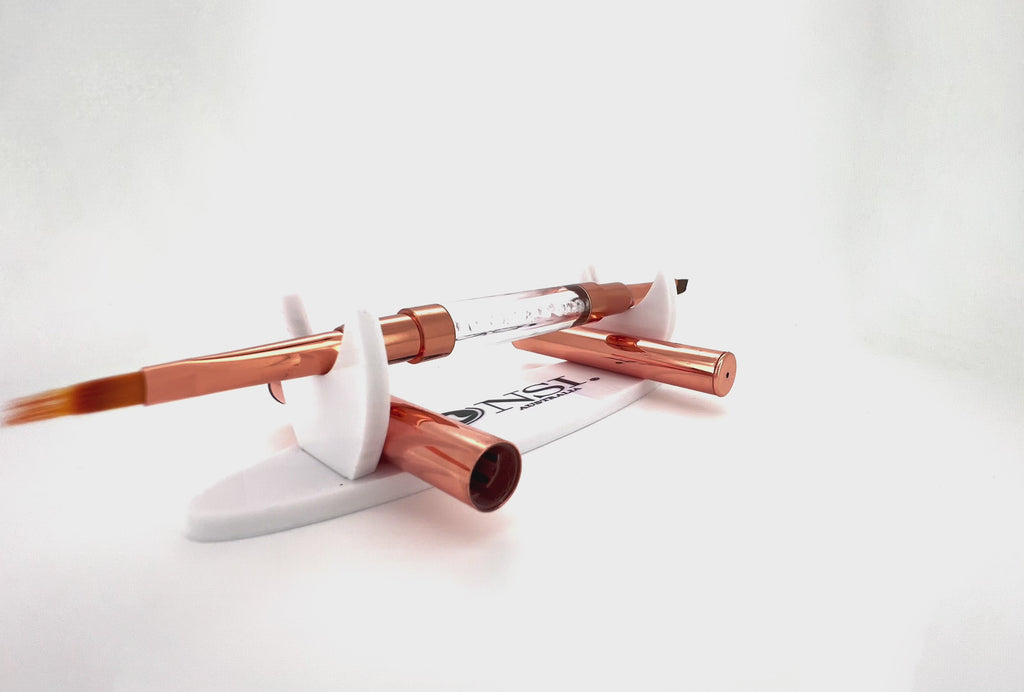 NSI Australia double-ended nail brush — rose-gold with crystal handle, flat and oval gel brush tips, includes protective caps