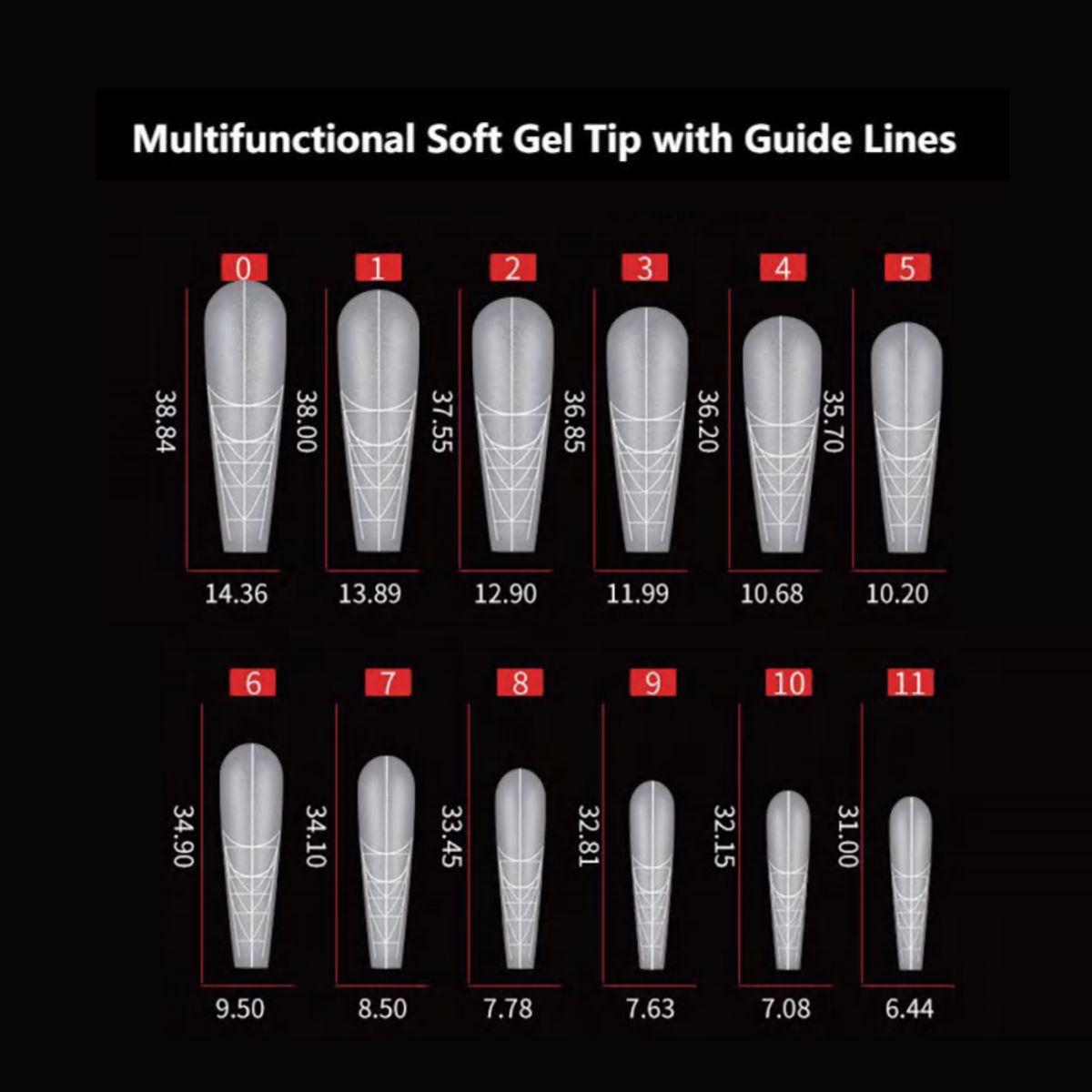 Pro Guide Soft Gel Tips sizing chart with guide lines — sizes 0–11, widths & lengths in mm for rounded soft gel nail extensions | NSI Australia
