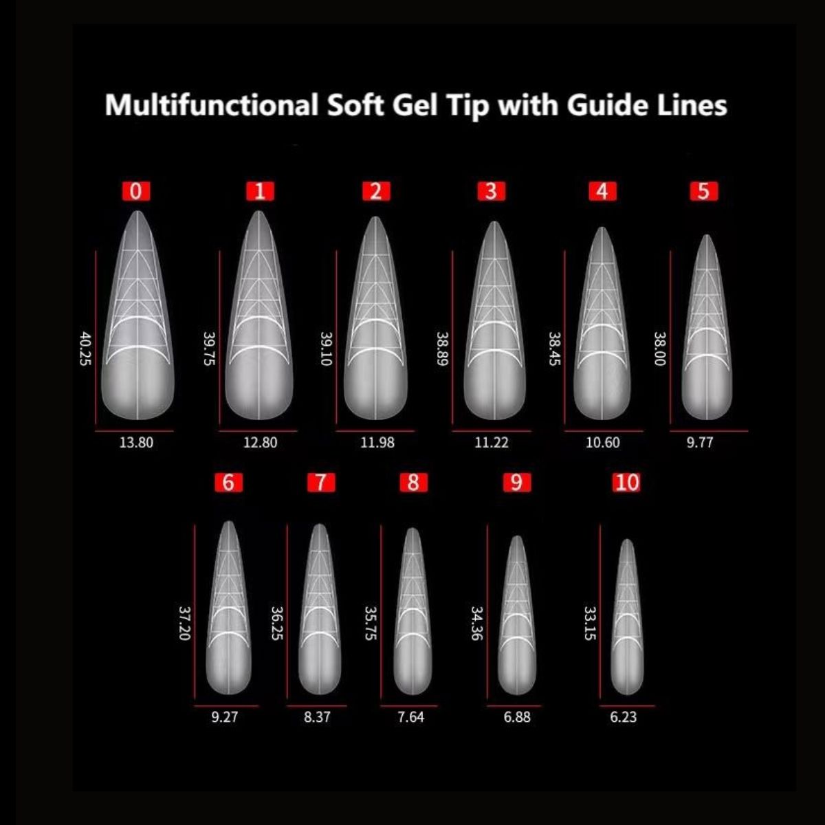 Pro Guide Soft Gel Tips sizing chart with guide lines—sizes 0–10, mm widths and lengths for long tapered nail extensions by NSI Australia
