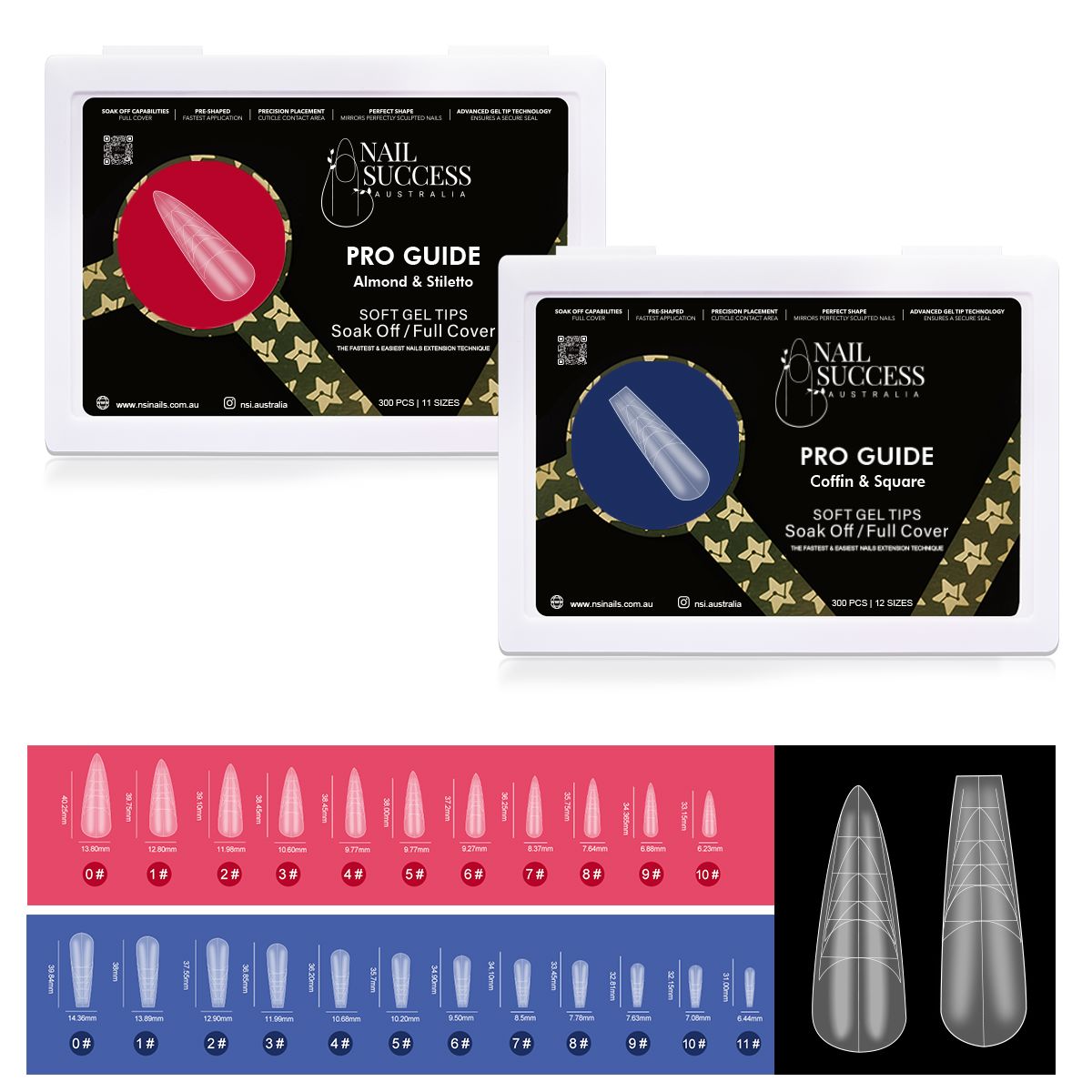 NSI Nail Success Pro Guide Soft Gel Tips—Coffin & Square, Almond & Stiletto; full-cover soak-off tips with guide lines, 300 pcs mixed sizes