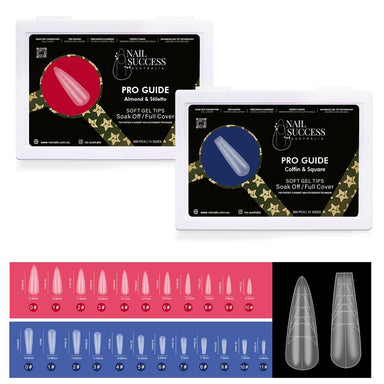NSI Nail Success Pro Guide Soft Gel Tips—Coffin & Square, Almond & Stiletto; full-cover soak-off tips with guide lines, 300 pcs mixed sizes