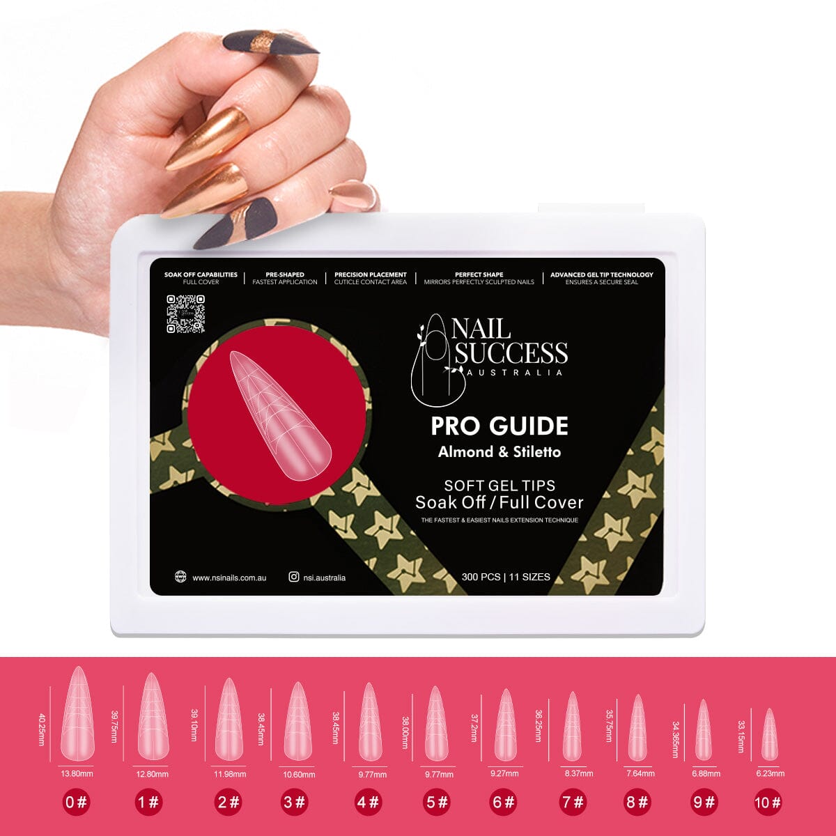 NSI Nail Success Pro Guide Soft Gel Tips – Almond & Stiletto; full-cover soak-off nail extension tips with guide lines, 300 pcs sizes 0–10