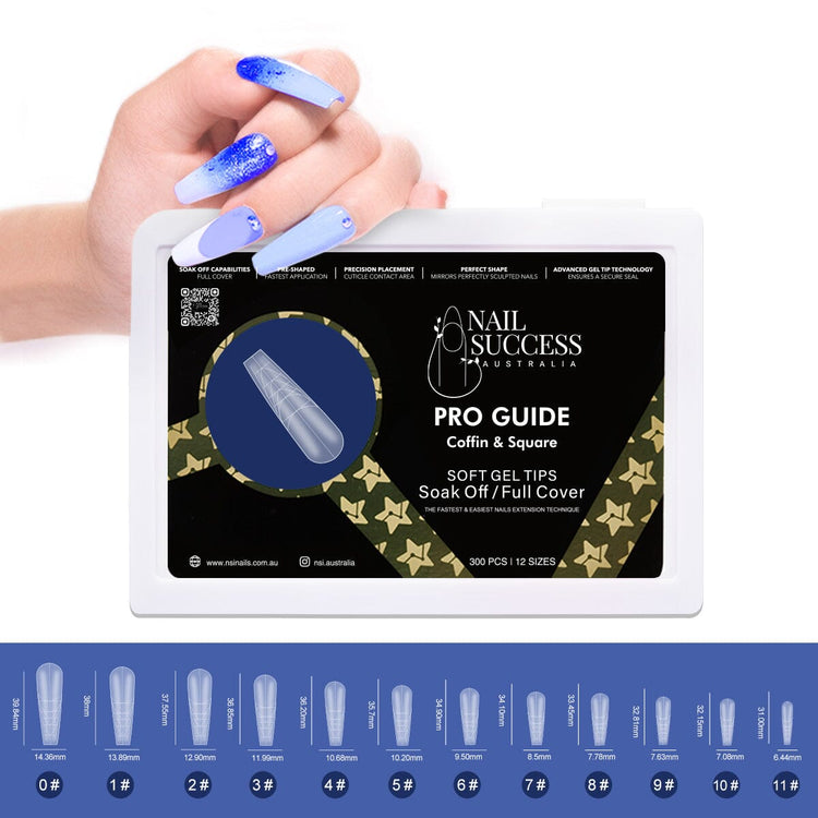 NSI Nail Success Pro Guide Soft Gel Tips Coffin & Square—300 pcs, 12 sizes with guide lines; full-cover soak-off extensions