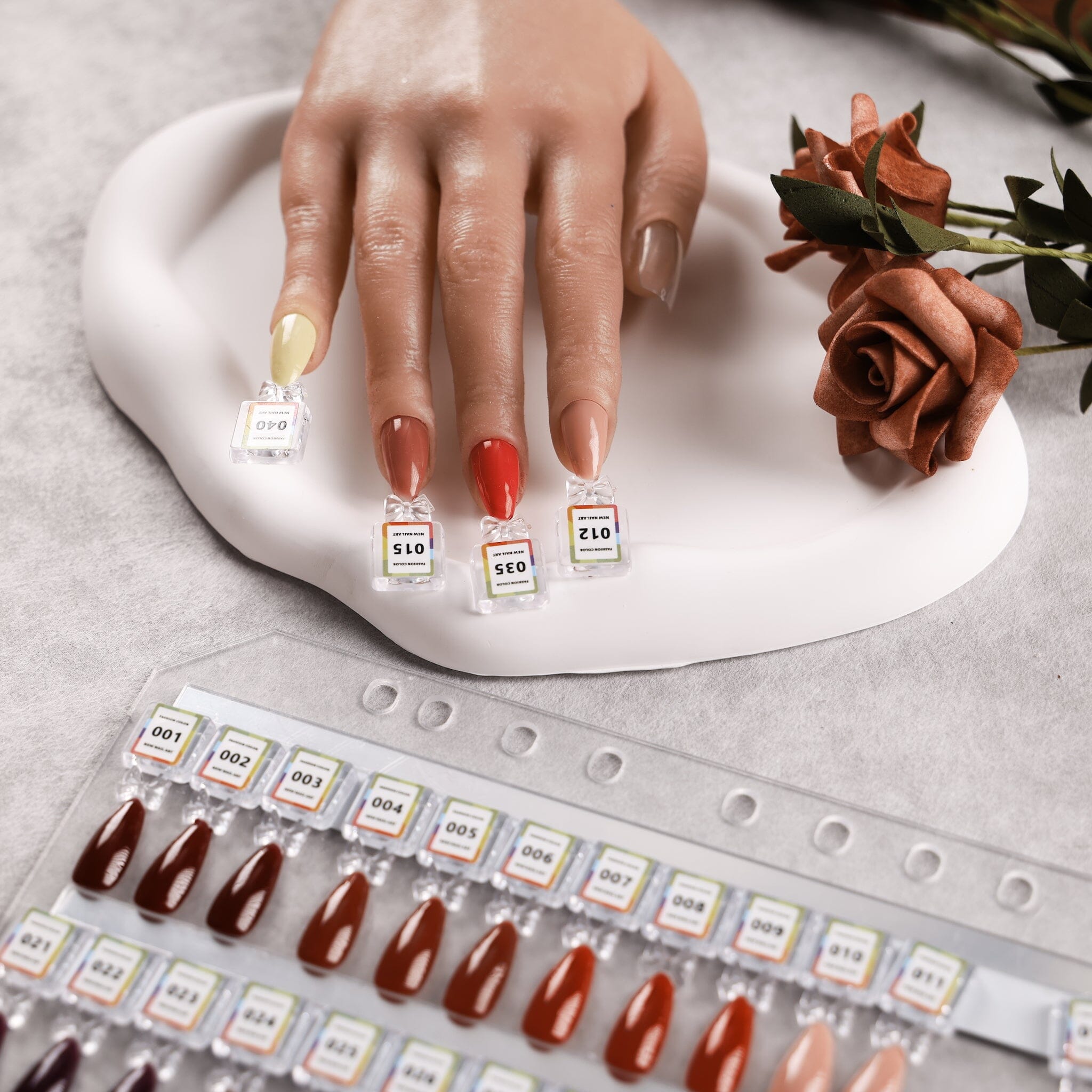 NSI Australia Pro Magnetic Swatch Colour Display Book — magnetic gel polish swatch tips on practice hand, numbered samples