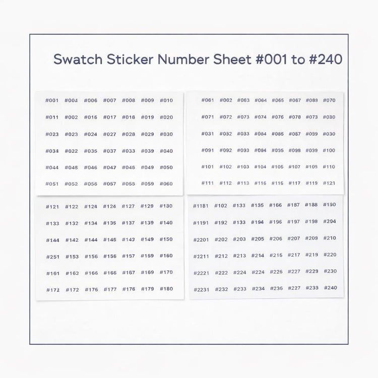 Swatch sticker number sheet #001 to #240 for gel polish colour display book — numbered labels for nail swatches