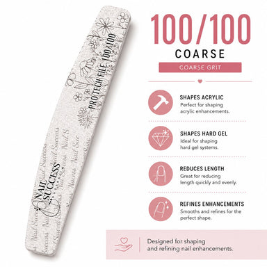 100 coarse grit for shaping acrylic, hard gel and refining professional nail enhancements