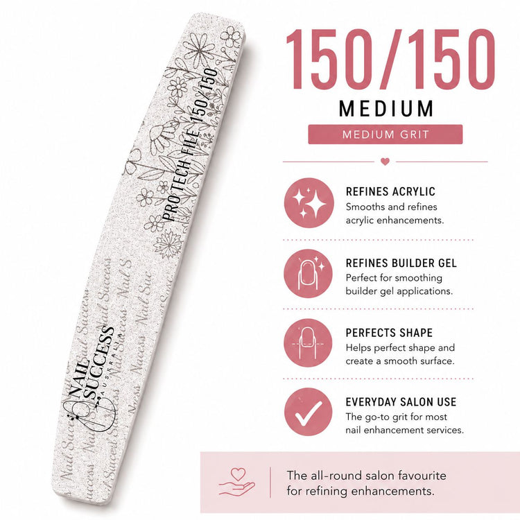 150 medium grit for refining acrylic, builder gel and nail enhancements in professional salon manicures