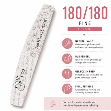 180 fine grit for natural nails, builder gel, gel polish prep and final refining of salon nail enhancements