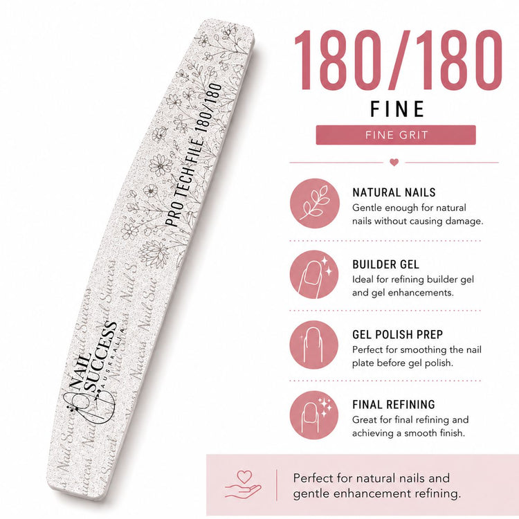 180 fine grit for natural nails, builder gel, gel polish prep and final refining of salon nail enhancements