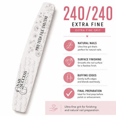 240 extra-fine nail file for natural nail preparation, smoothing, edge buffing and finishing.