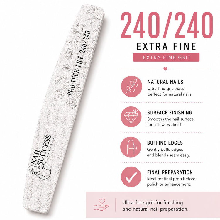 240 extra-fine nail file for natural nail preparation, smoothing, edge buffing and finishing.