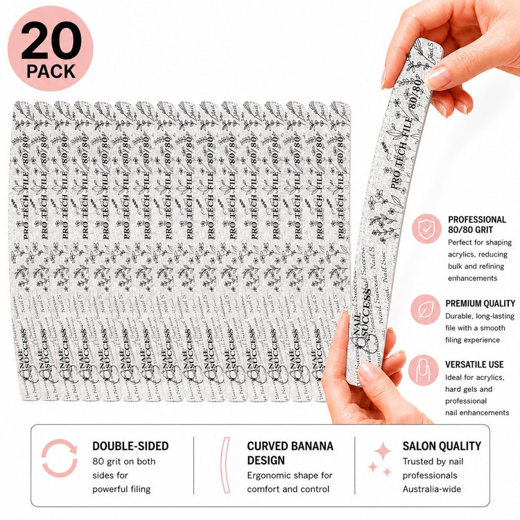 80 grit double-sided curved nail files for shaping acrylic and hard gel enhancements.