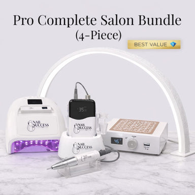 Pro Complete Salon Bundle 4-piece white professional nail salon kit with UV LED lamp, electric nail drill, manicure dust collector, and LED arch light