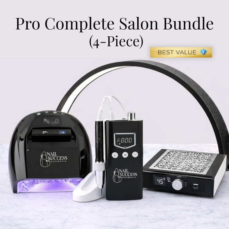 Pro Complete Salon Bundle 4-piece black professional nail salon kit with UV LED lamp, electric nail drill, manicure dust collector, and LED arch light