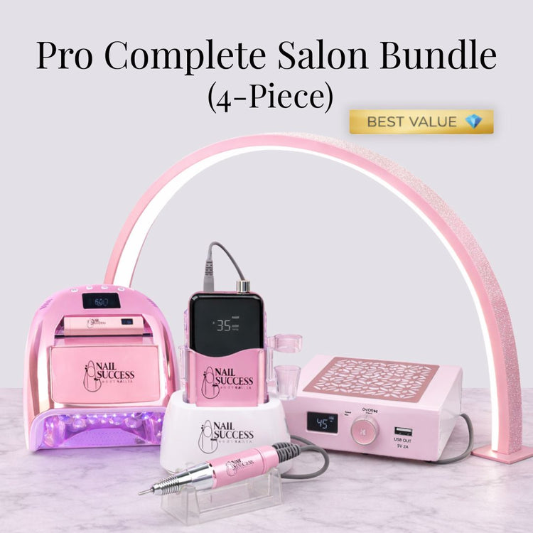 Pro Complete Salon Bundle 4-piece pink professional nail salon kit with UV LED lamp, electric nail drill, manicure dust collector, and LED arch light