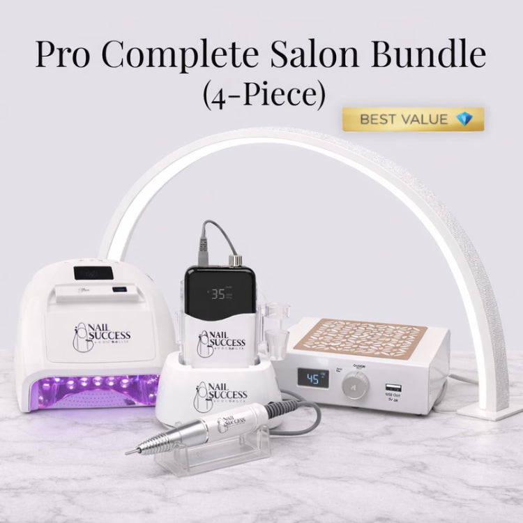 Pro Complete Salon Bundle 4-piece white professional nail salon kit with UV LED lamp, electric nail drill, manicure dust collector, and LED arch light
