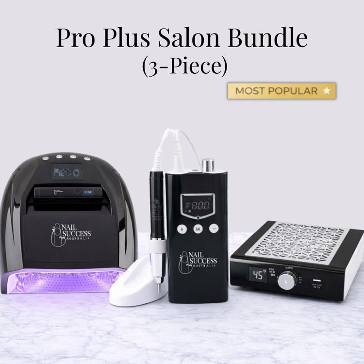 Pro Plus Salon Bundle 3-piece black professional nail salon kit with UV LED lamp, electric nail drill, and manicure dust collector