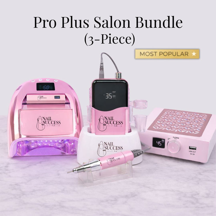Pro Plus Salon Bundle 3-piece pink professional nail salon kit with UV LED lamp, electric nail drill, and manicure dust collector