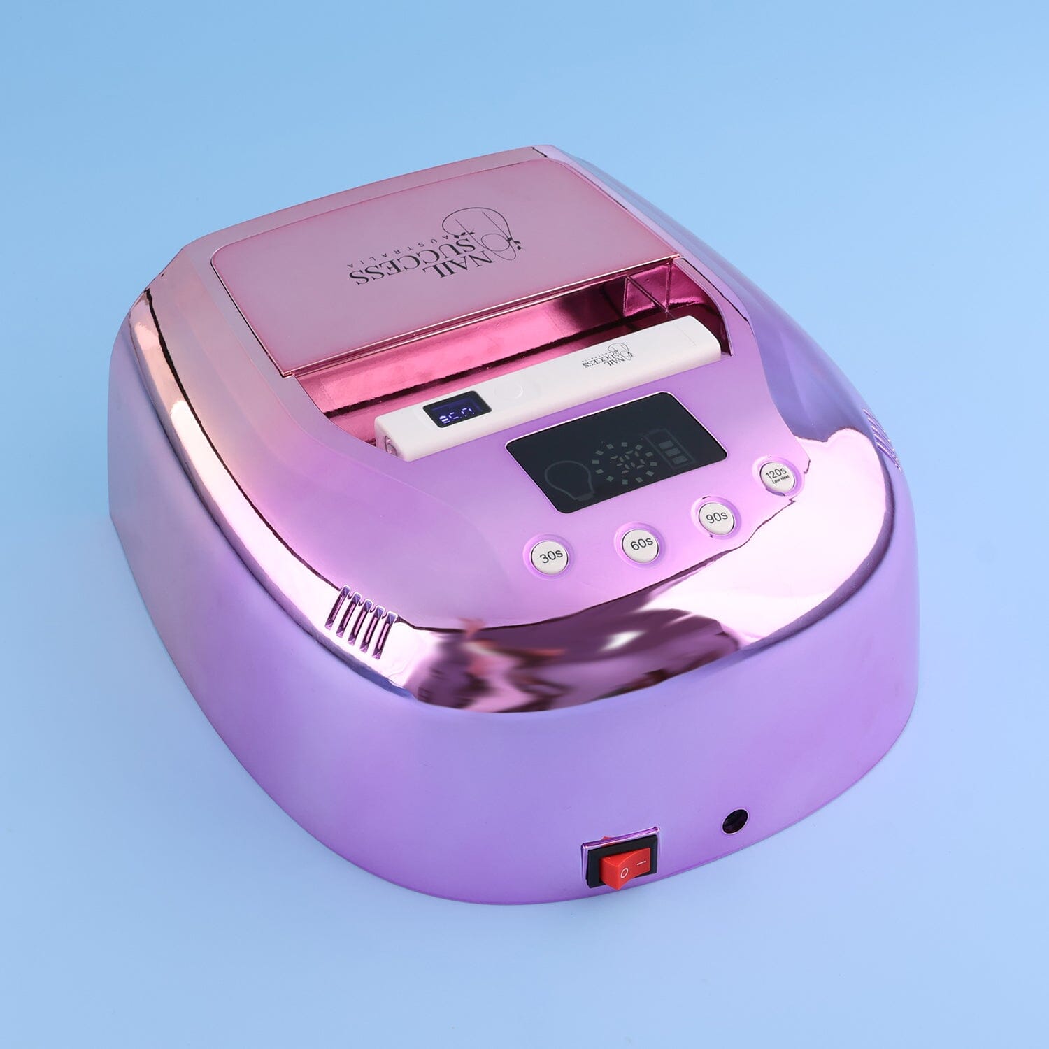 UV nail lamp with built-in flash cure torch and digital timer controls.