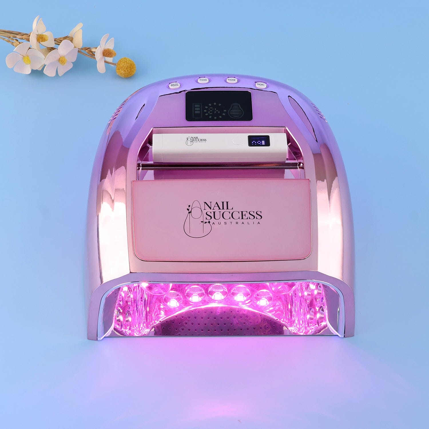 UV nail lamp with flash torch, rose gold gel nail dryer with curing lights on