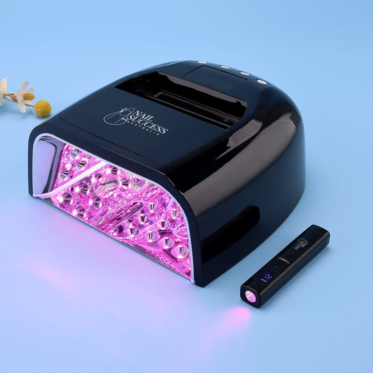 UV nail lamp with flash torch, black gel nail dryer with curing lights on