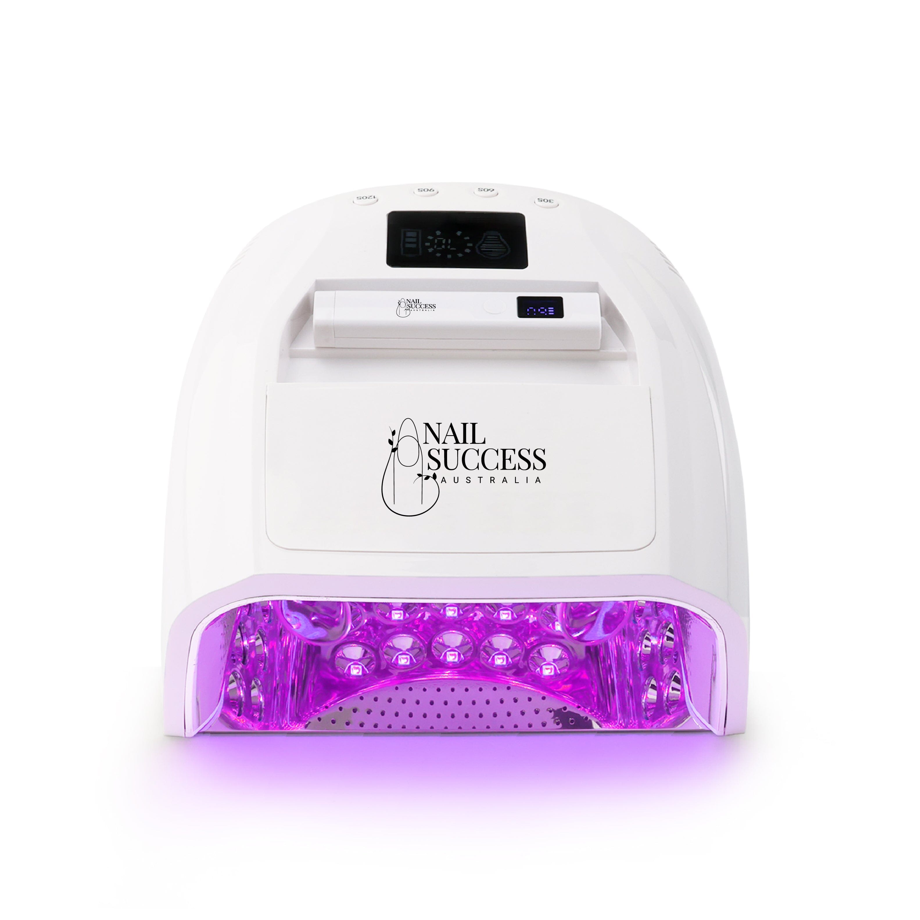 LED nail lamp with torch and digital timer — white cordless gel polish dryer with auto sensor