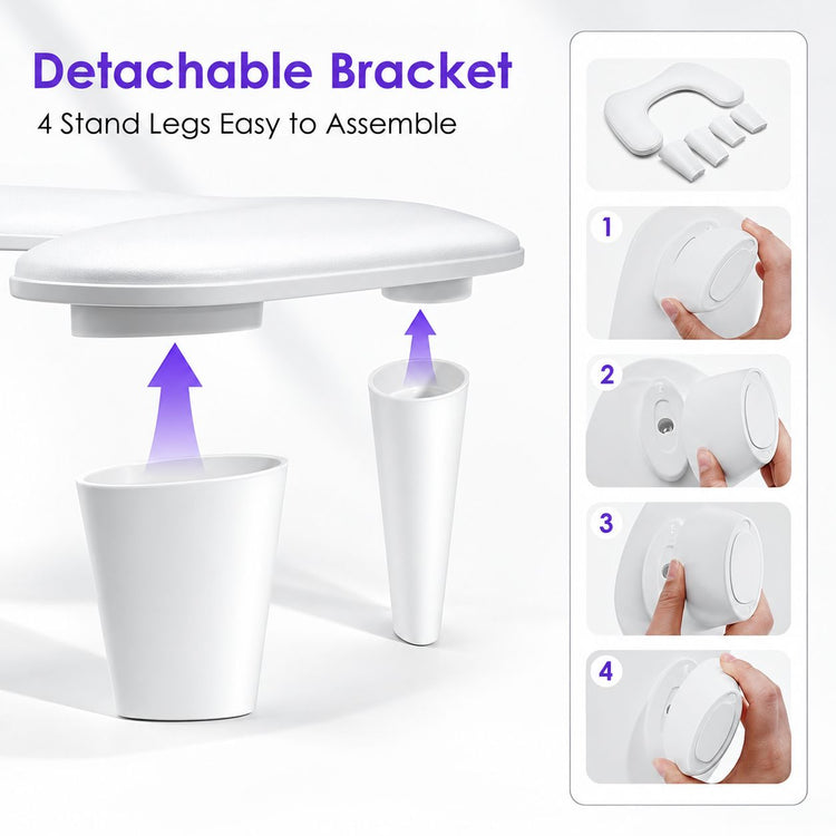 White Pro Relax hand and arm rest pillow showing four detachable legs and a step-by-step assembly guide.