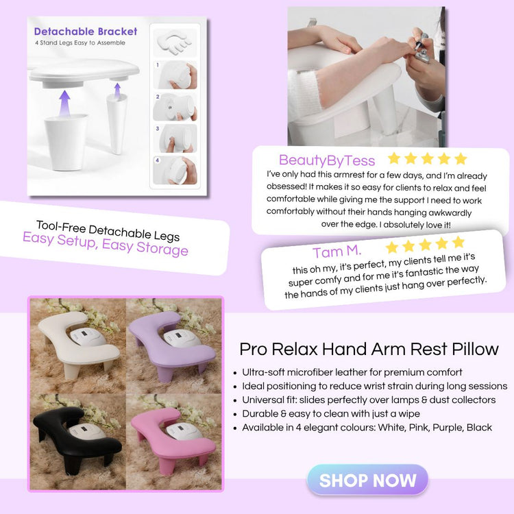 Pro Relax Hand Arm Rest Pillow for nails — detachable legs — collage showing white, purple, black and pink armrests