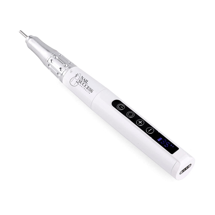 White cordless electric nail drill handpiece shown at an angle with metal bit, digital display, control buttons and Nail Success Australia logo on a light gray background