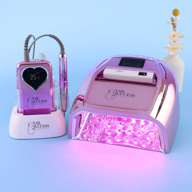 Rose Gold Rechargeable LED UV Nail Lamp and Professional Electric Nail File set with drill handpiece and charging base