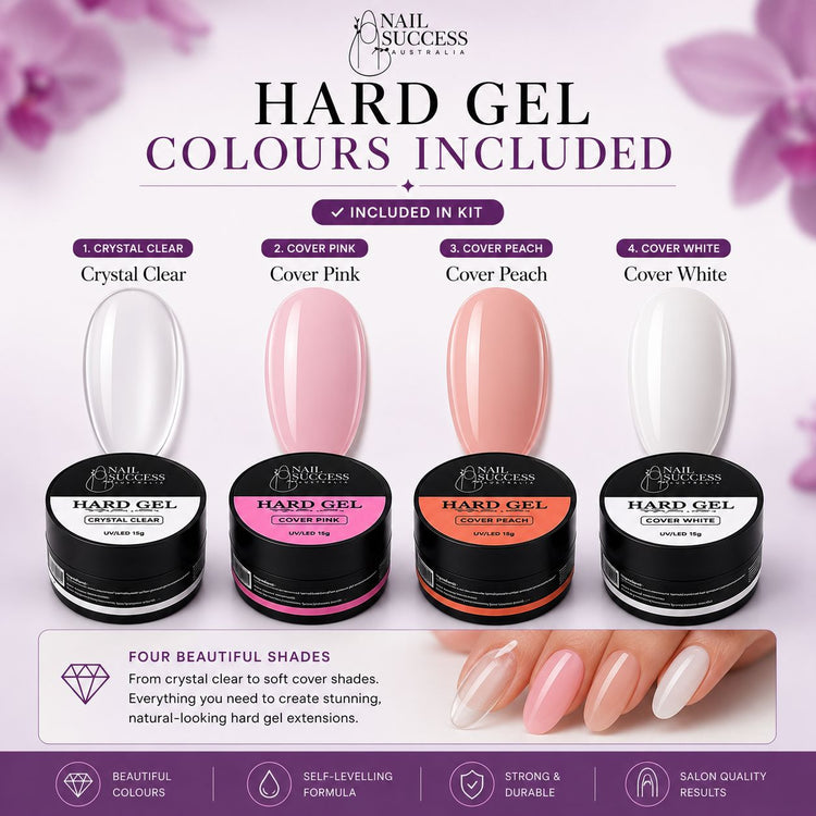 Hard gel nail colours in Crystal Clear, Cover Pink, Cover Peach and Cover White – Nail Success Australia