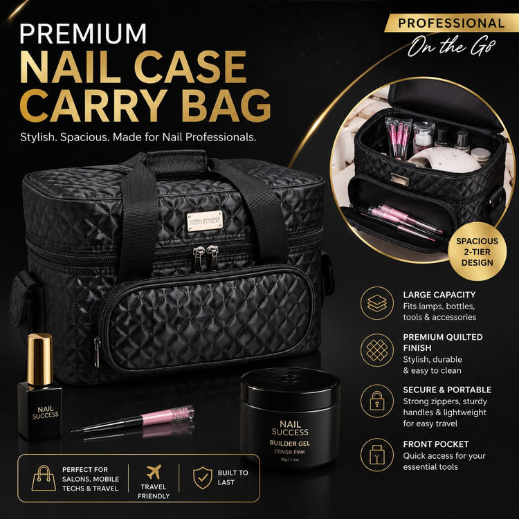 Black quilted two-tier nail technician carry case for lamps, bottles, tools and accessories – Nail Success Australia