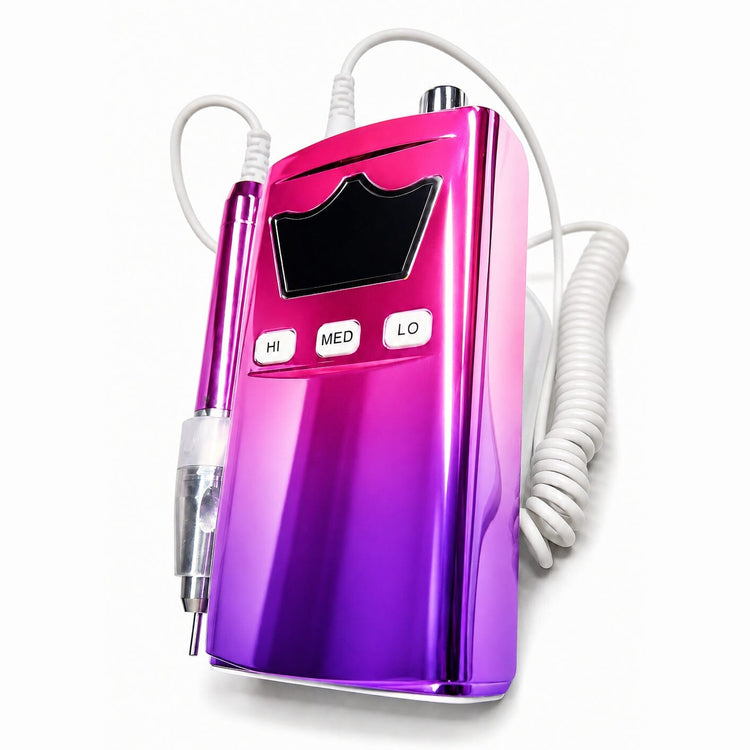 Professional pink and purple ultra smart electric nail drill e-file machine with handpiece and coiled cord for salon manicure and pedicure services
