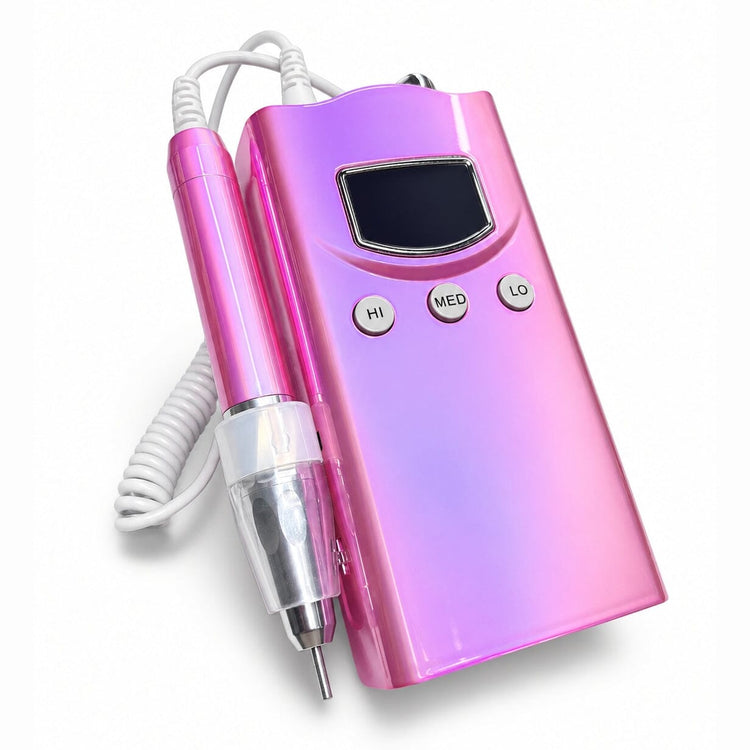 Pink professional ultra smart e-file nail drill machine with handpiece, LCD screen and coiled cord for salon manicures