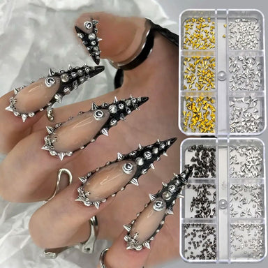 Punk nail rivets and spikes set in gold and silver, shown with edgy 3D studded stiletto nail design