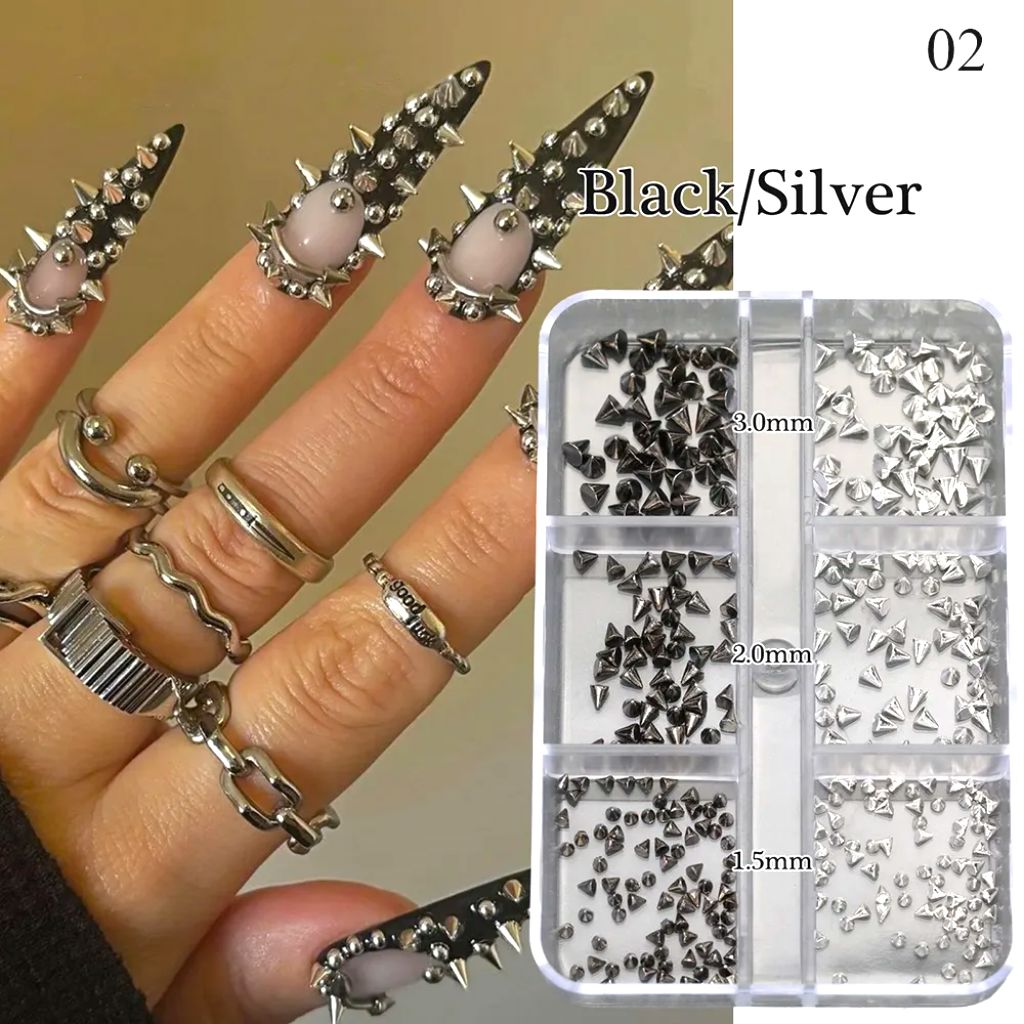 Black and silver punk nail rivets and spikes set in organizer case, shown with 3D studded stiletto nail art