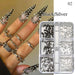 Black and silver punk nail rivets and spikes set in organizer case, shown with 3D studded stiletto nail art