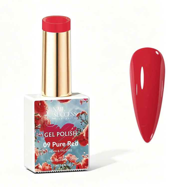 Nail Success Australia Pure Red gel polish bottle with glossy red nail colour swatch