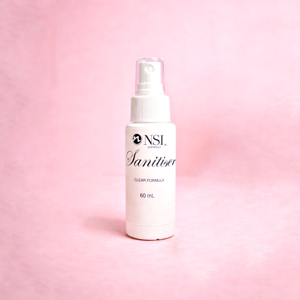 NSI Australia Sanitiser clear formula 60ml spray bottle for nail prep and salon hygiene