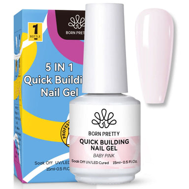 Born Pretty Baby Pink 5 in 1 Quick Building Nail Gel 15ml with pale pink nail swatch and product box