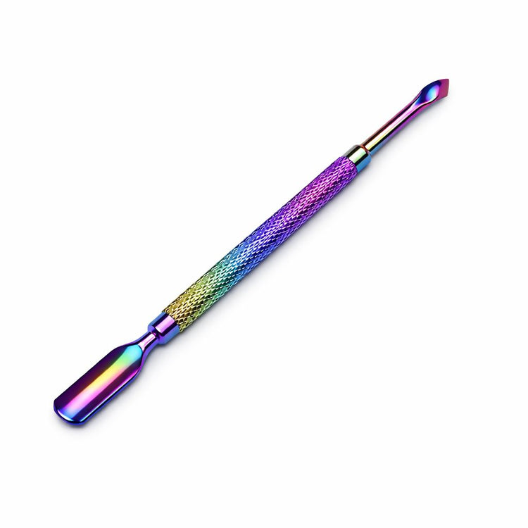 Rainbow stainless steel cuticle pusher and scraper nail tool with textured grip handle on white background