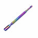 Rainbow stainless steel cuticle pusher and scraper nail tool with textured grip handle on white background