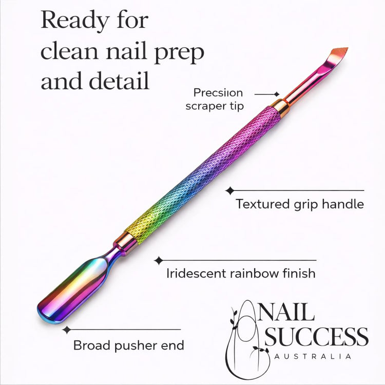 Rainbow cuticle pusher and scraper tool with broad pusher end, precision scraper tip and textured grip handle