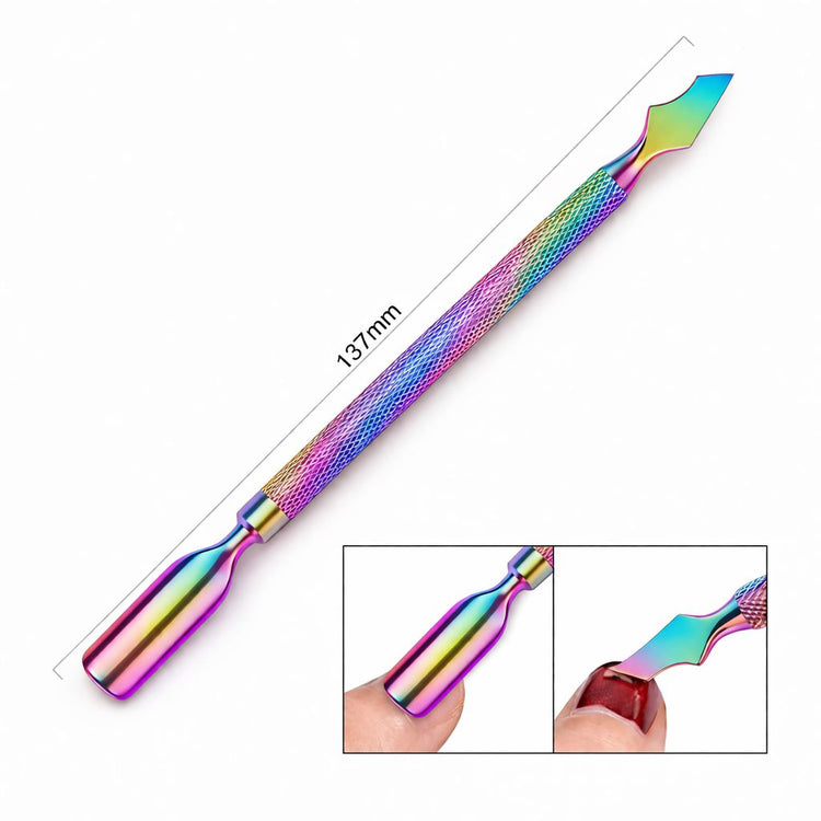 Rainbow cuticle pusher and scraper nail tool, 137mm with curved angled tip and flat end