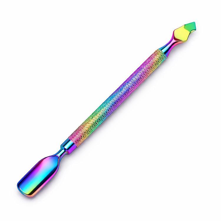 Rainbow cuticle pusher and scraper tool with curved angled tip and broad flat end