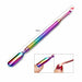 Rainbow cuticle pusher and scraper tool with angled tip, wide flat end and 132mm length, shown with usage close-ups