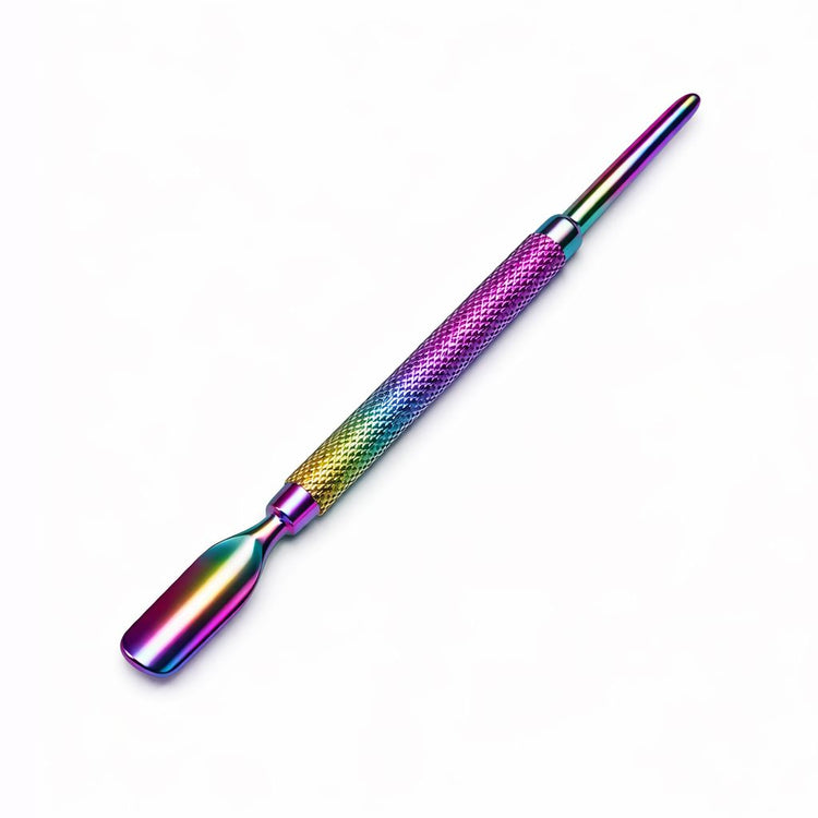 Rainbow cuticle pusher and scraper nail tool with textured grip handle